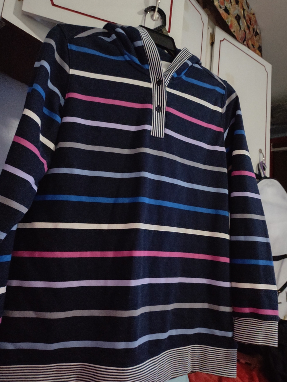 Ladies Navy Striped Hooded Serious Sweats - Blue, Pink, White, Purple